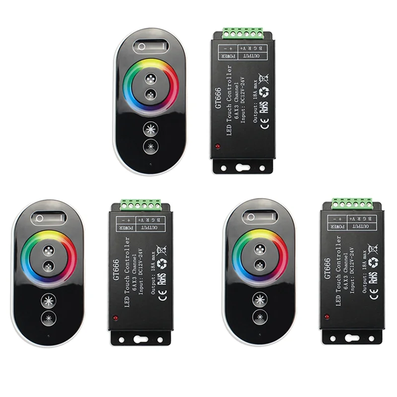 

FYBL-3X GT666 Контроллер светодиодных лент RGB Беспроводной RF Touch Пульт дистанционного управления DC 12 В 24 В 18 А 3 канала освещения Ленточный диммер