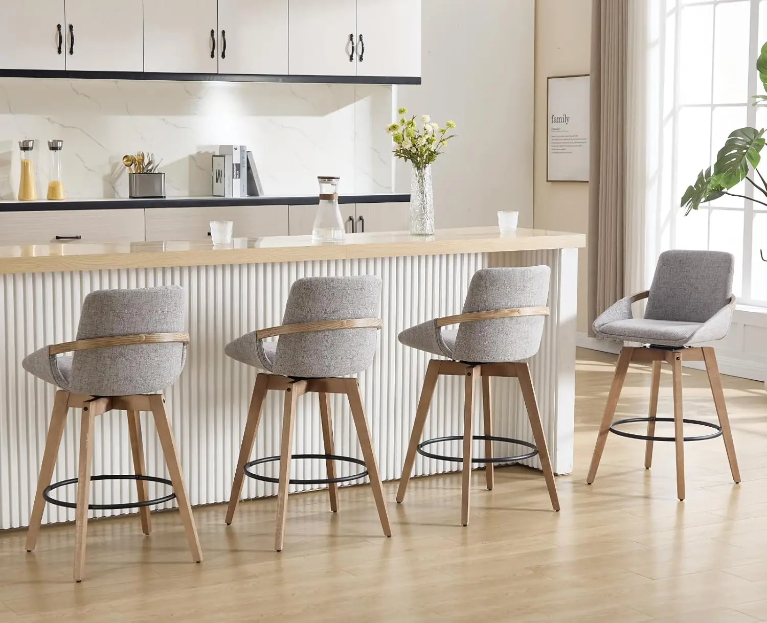 

Swivel Counter Height Bar Stools Set of 4 Mid Century Modern Natural Wood Barstools with Back and Arms Comfortable Upholstered L