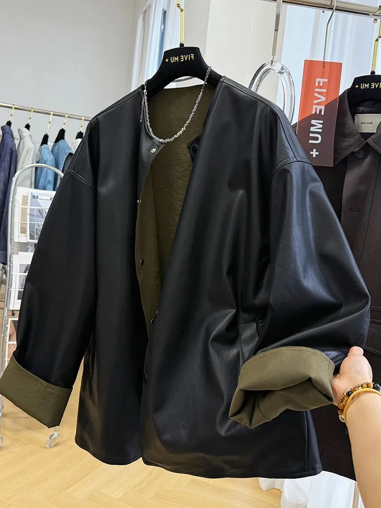 2026 New Lazy Sle Loose Casual Double-Sided Wear round Ne PU Leather Jaet Women Spring Autumn Long Sve Regular Fit