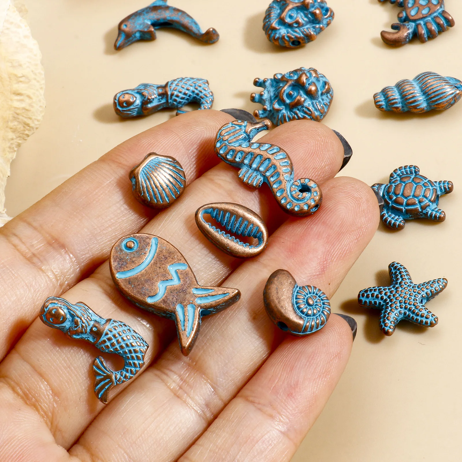 30 PCs  Ocean Jewelry Spacer Beads Antique Copper Blue Star Fish Mermaid Patina Zinc Based Alloy For DIY Charm Jewelry Making