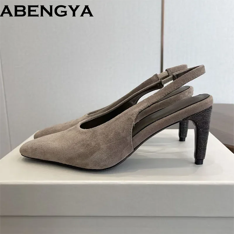 

New Suede Leather Slingbacks Sandals Woman High Heels Pumps Square Toe Thin Heels Dress Shoes String Bead Decor Women's Sandals