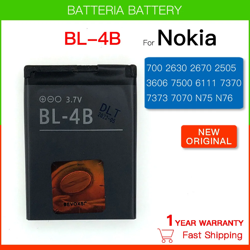 

Original Replacement battery BL-4B for Nokia 2505 2660 5000 7070 7088 7373 7500 7500P N75 N76 1682 3606 3608c Batteria