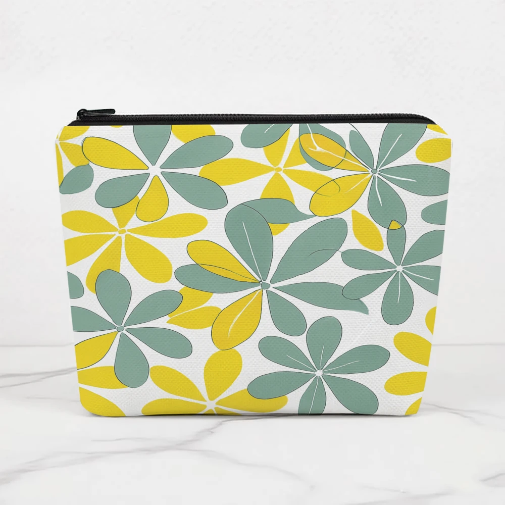 Yellow Green Floral Pattern Print Makeup Bags for Girls Cosmetic Pouch Toiletry Bag Pencil Case Travel Storage