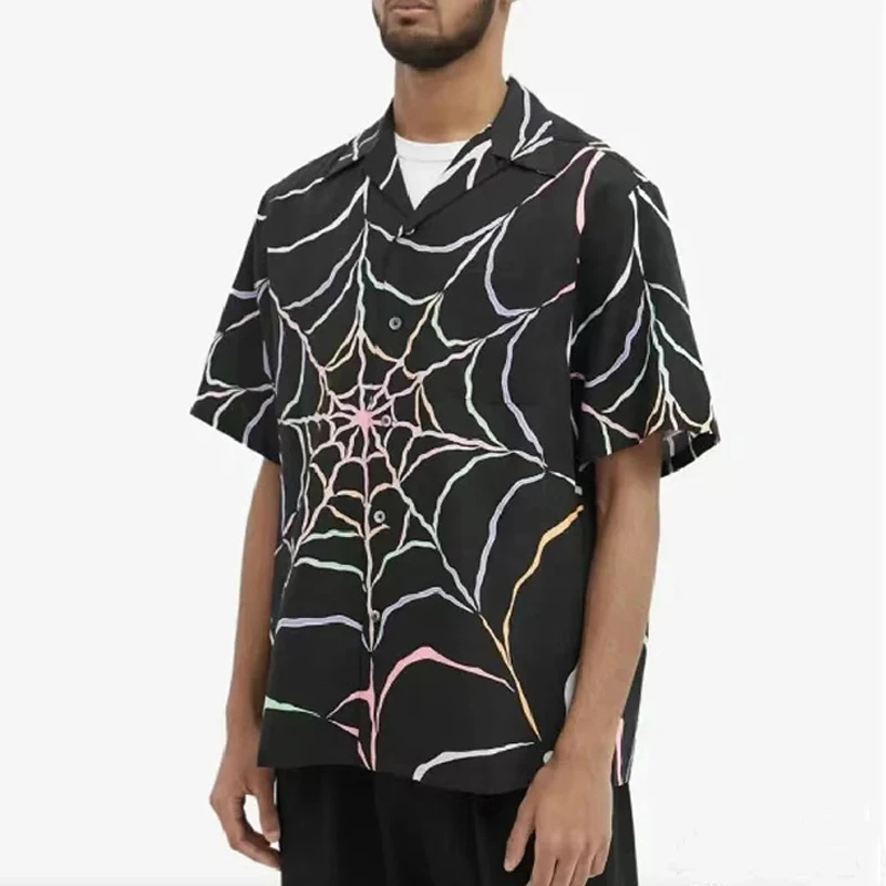 

Black White Spider Web Printing WACK Hawaii Short Sleeve Shirts Men Woman 1:1 Best Quality Casual Lovers T-shirt Tops