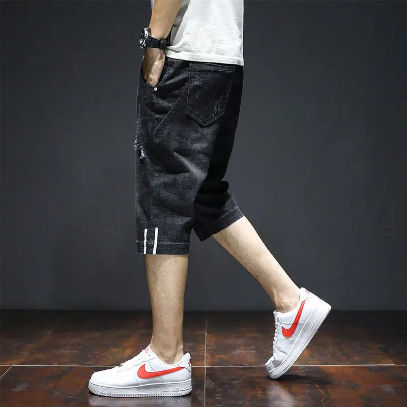 Retro Ripped Denim Shorts Men\'s Summer Thin Drawstring Cowboy Cropped Trousers Loose Harem Handsome Breeches 3/4 Jeans Pants