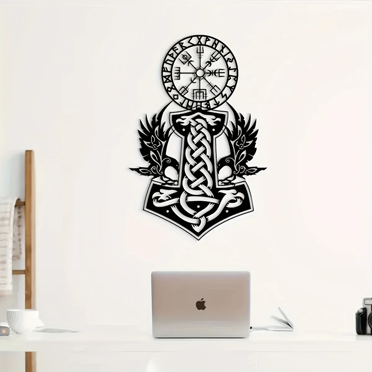 CIFBUY Metal Viking Hammer Wall Art, 2D Iron Norse Vegvisir Compass Wall Decor, Celtic Knot Raven Metal Wall Hanging