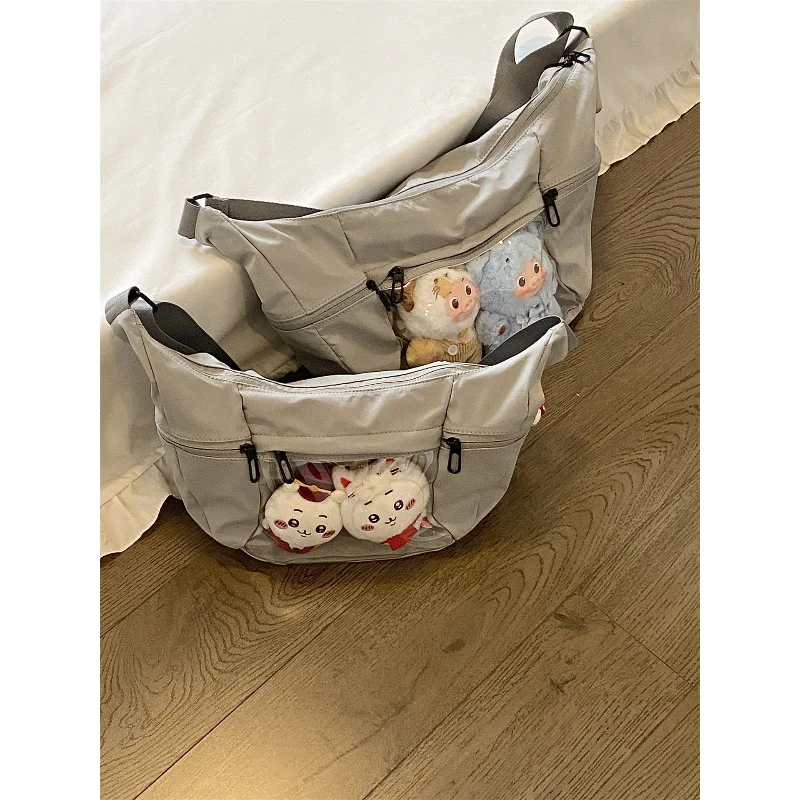 Gray Nylon Crossbody Ita Bag, Clear Window Sling Tote, Casual Multi-Pocket Shoulder Bag for Plush Doll & Pin Display view 2