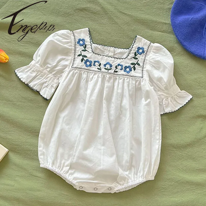 

2022 Baby Girl Embroidered Flower Romper Short Sleeves Baby Girl Jumpsuit Sweet Princess Romper Infant Girl Summer Clothing