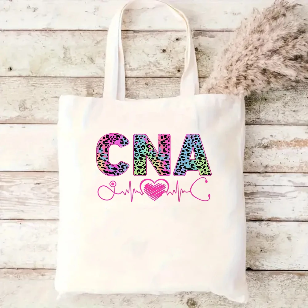 

CNA Nurse Life Canvas Tote Bag Leopard Print Stethoscope Heartbeat Graphic Reusable Medical Staff Travel Shoulder Handbag Bag