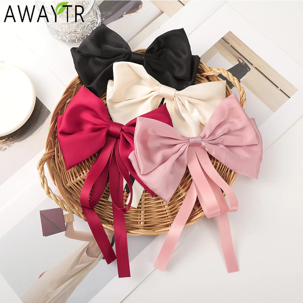 AWAYTR Tassel Silk Bow Tie Hairpin Farbic Hair Clips Girl Hair Accessories Mother's Day Gift Valentine Headwear