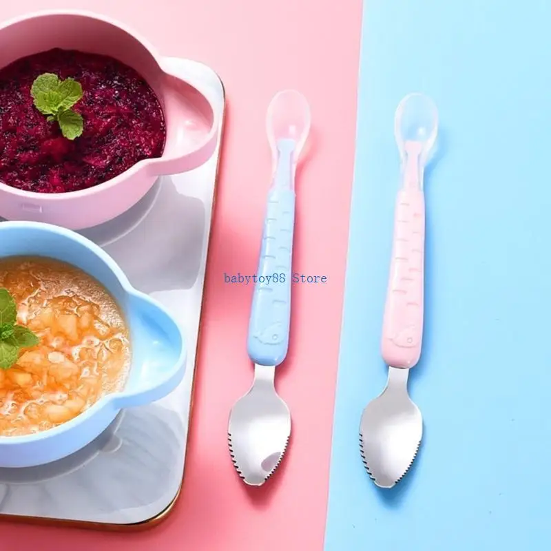 Y4UD الرضع ملعقة ملعقة للتغذية الفاكهة هريس كشط ملعقة غير الصدأ أوعية طعام من السيليكون ملعقة متعددة الاستخدام الطفل ملاعق