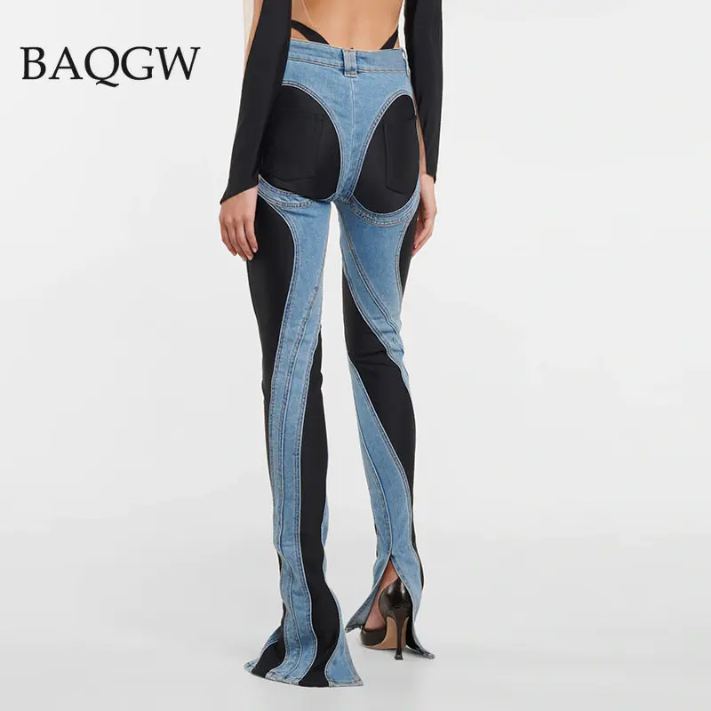 Fashion Designer Color Block Women\'s Jeans Slim Deconstruct Panelled Patchwork High Waist Split Blue Long Denim Pants Autumn