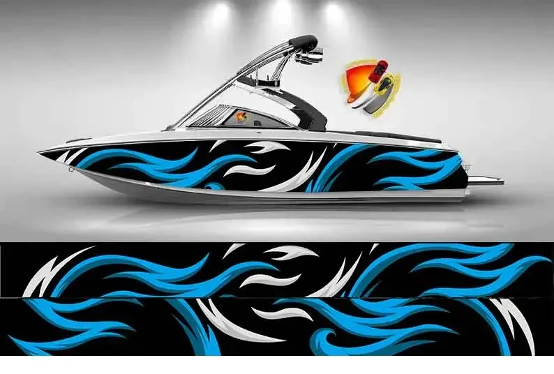 Abstract Geometric Pattern Printing Dark Blue & White Fishbone Graphic Vinyl Waterproof Boat Wrap Decal Fits Any Boat Custom