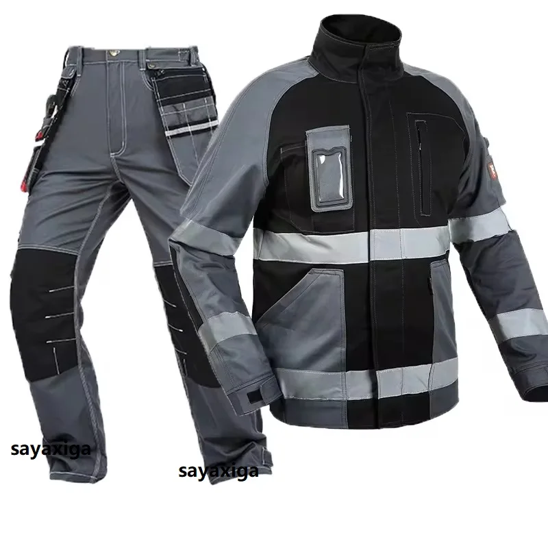 

100% Cotton Welding Suit Work Clothes For Men Multi Pocket Hi Vis Reflective Safety Work Clothing Electrical Uniform Repair Suit