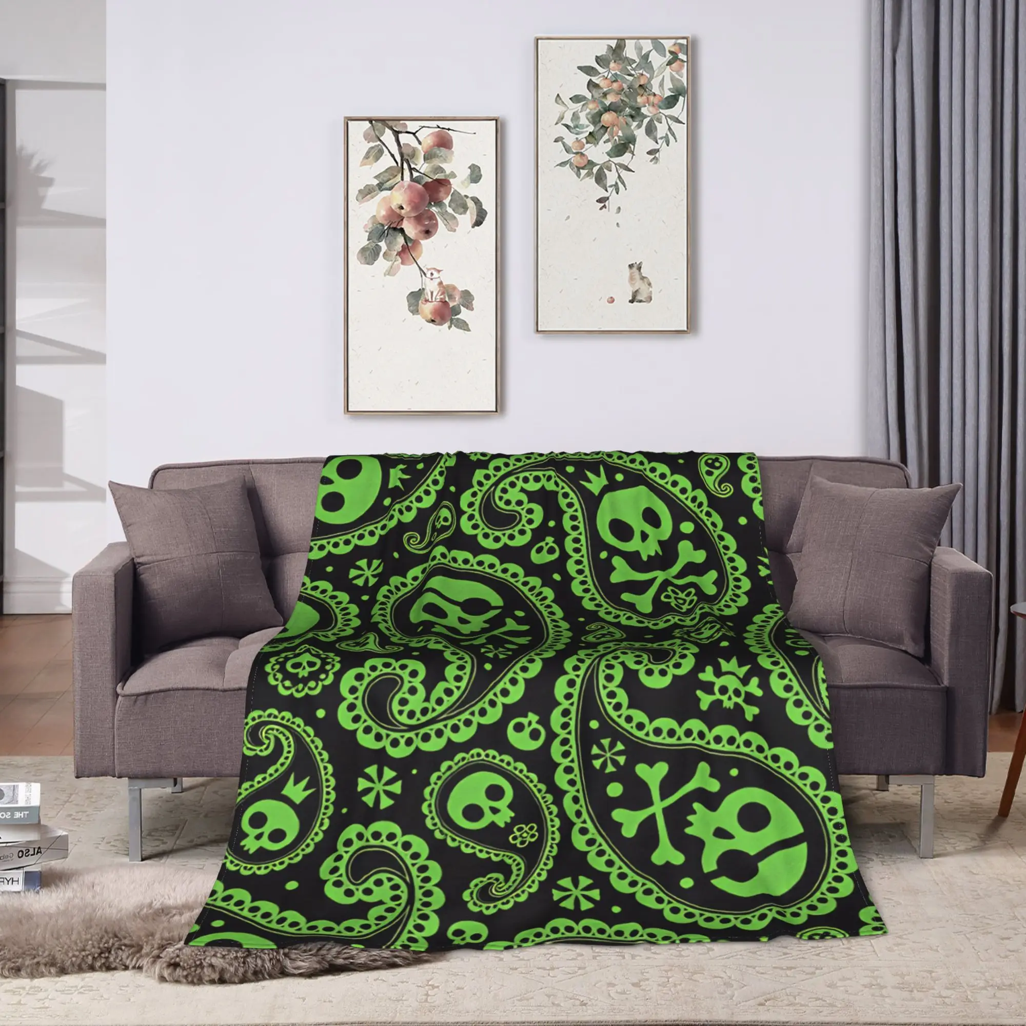 Comfortable Throw Blanket Plane Travel Navy Blue Paisley Skull Floral Seamless Pattern White Ornament Blanket  Flannel Bedspread