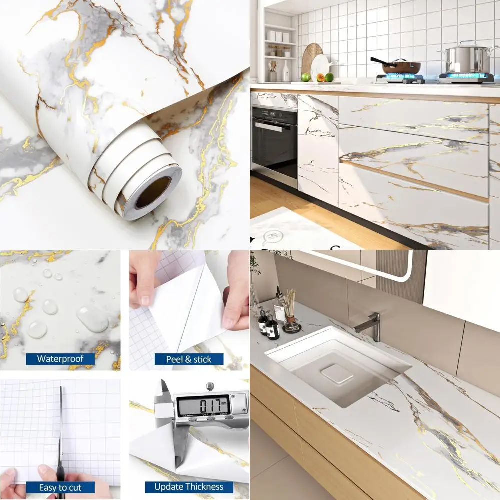 Papel de contato com casca e bastão de mármore branco dourado para armários de cozinha e bancadas - à prova d'água, fácil de aplicar, 36x200 polegadas Wal