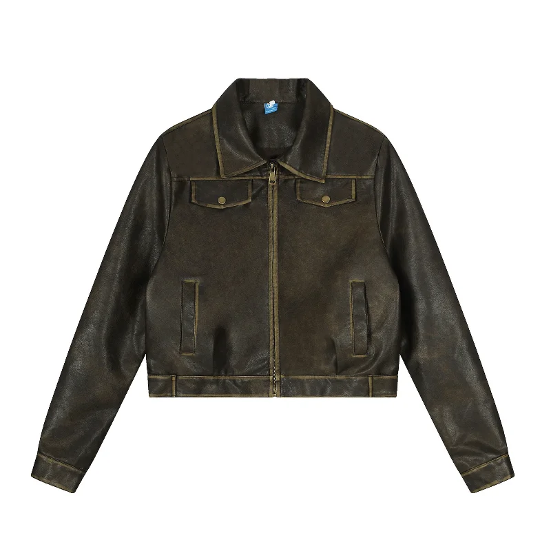 

Короткие куртки из искусственной кожи для девочек, осенние женские пальто в стиле ретро, американская карманная кофейная одежда из искусственной кожи, укороченные топы