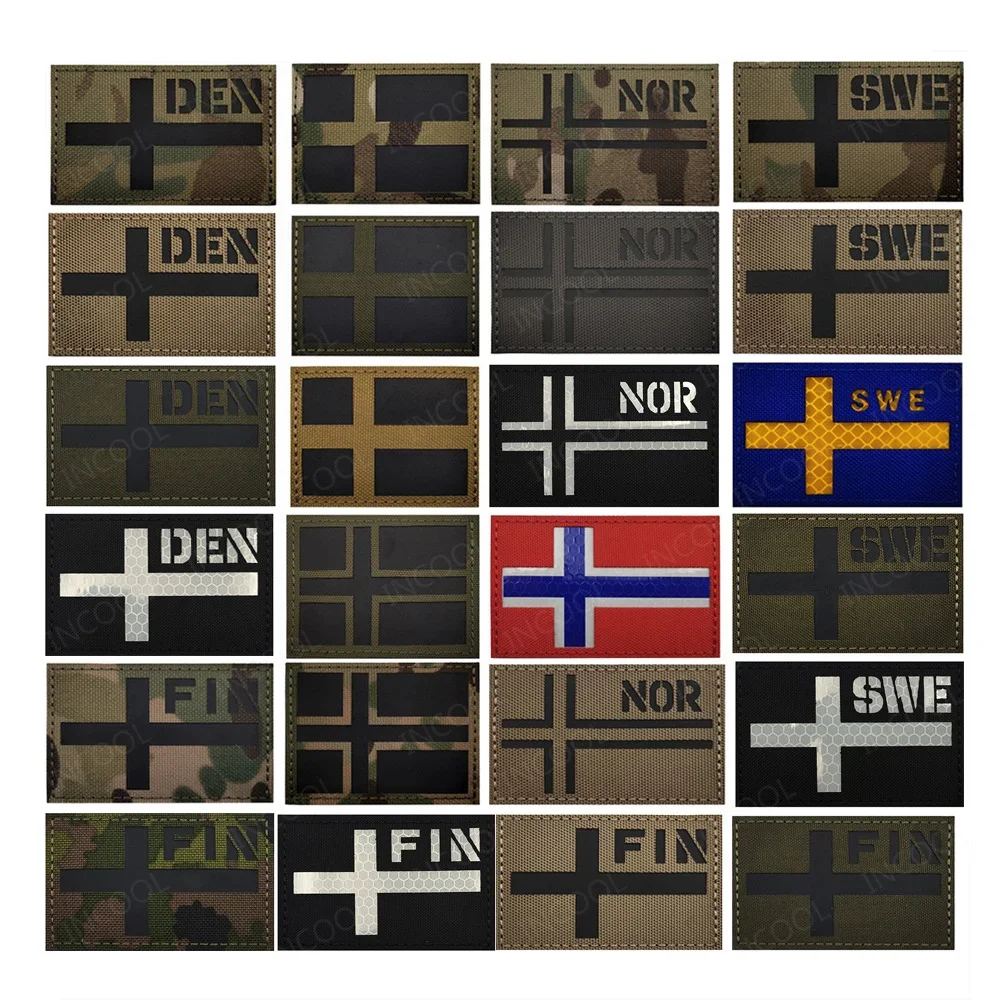 Reflective Flag Finland Sweden Denmark Norway Patches White Green Khaki SWE DEN FIN NOR Flags Decorative Badges For Jackets Caps