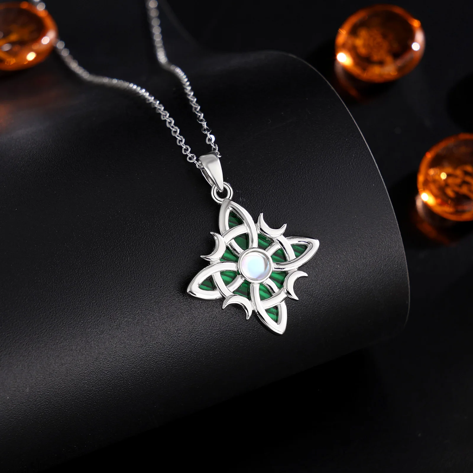 AEONSLOVE Original 925 Sterling Silver Witch Celtic Knot Necklace Moonstone Malachite Witchcraft Amulet Pendant Jewelry Gift