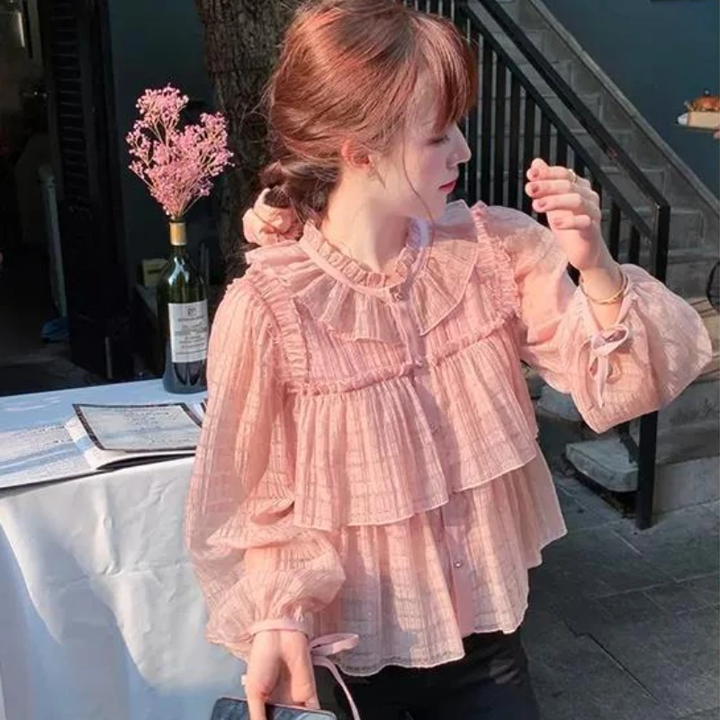 Shirts Women Spring Sweet Fashion Ruffles All-match Design Lace-up Tender Elegant Trendy Leisure Korean Style Ladies Puff Sleeve