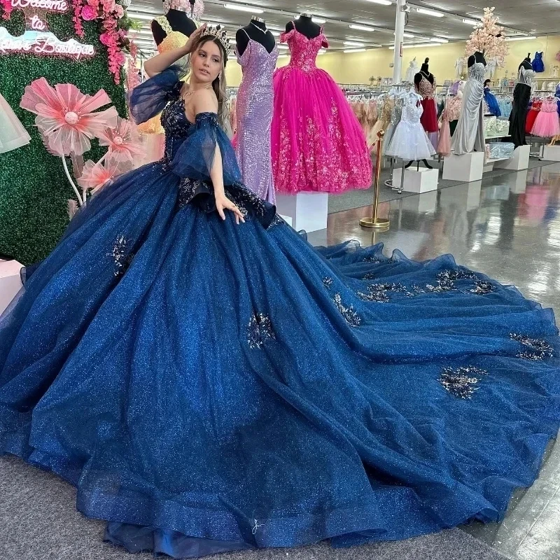 Personalizado brilhante azul marinho fora do ombro vestido de baile quinceanera vestidos doce 16 princesa apliques rendas contas vestidos de baile