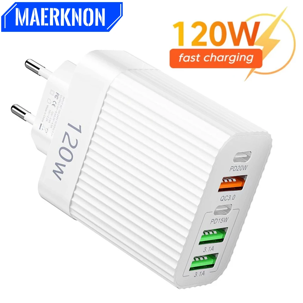 120W Fast Charger 5 Ports USB Type C Quick Charge Wall Charger For iPhone 15 Samsung Xiaomi Huawei USB PD Phone Charger Adapter