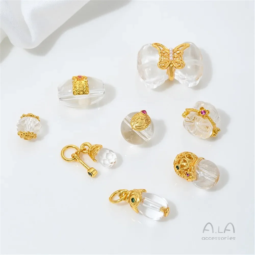 

Z436 Sand Gold Inlaid Natural White Crystal, Amethyst, Beaded Bucket, Gourd, Water Drop Pendant, Jewelry and Accessory