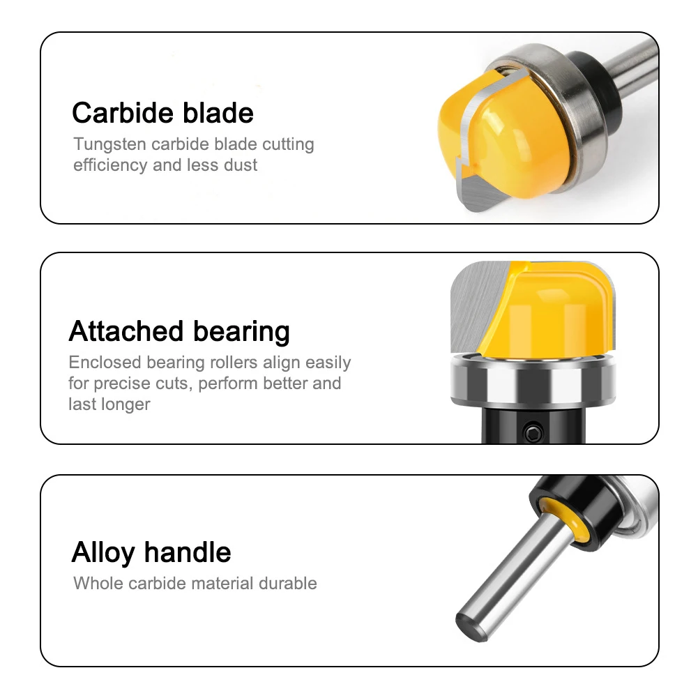 Set of 3 8mm Shank Router Bits with Round Nose Milling Cutter and Bearing for Woodworking Bowl and Tray Projects