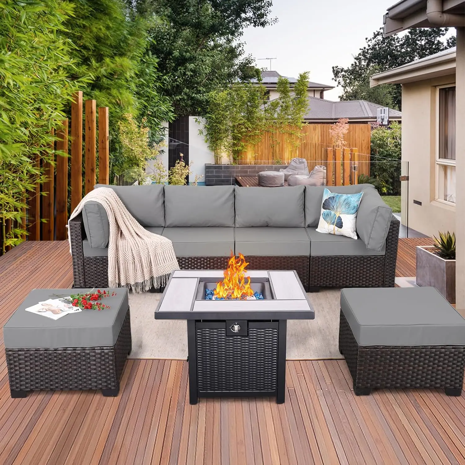 

7 Piece Dark Brown Rattan Sectional Sofa Set PE Wicker Fire Pit Table 5" Grey Cushion Outdoor Patio, Customized