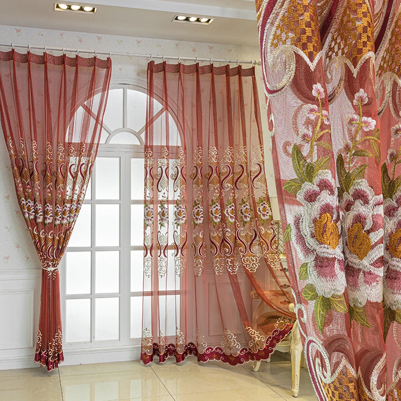 

High Grade European Colored Embroidery Red Screen Curtains for Living Room Balcony Bay Window French Window Customized