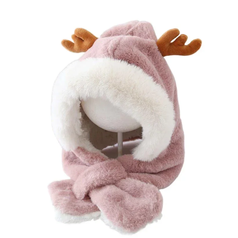 Winter Kids beanie Hat Boy Girl Cartoon Deer Antler Baby Onesie Hats Scarf Soft Plush lining Infant Windproof Thicke Toddler Cap