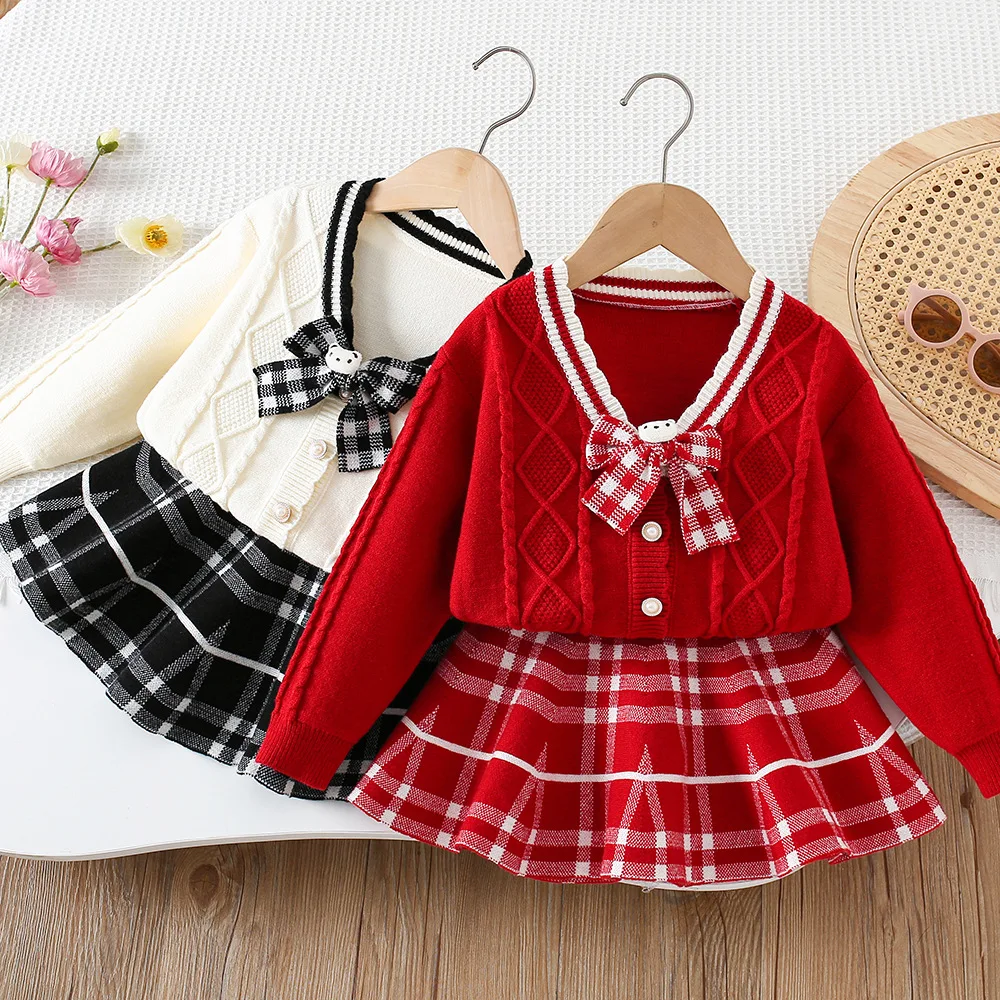 

MILANCEL Autumn Kids Knitted Outfit 9M-5T Thin Cute Girls Bow Cardigan +Grid Skirts Korean Loose Color Block 2PCS Children's Set
