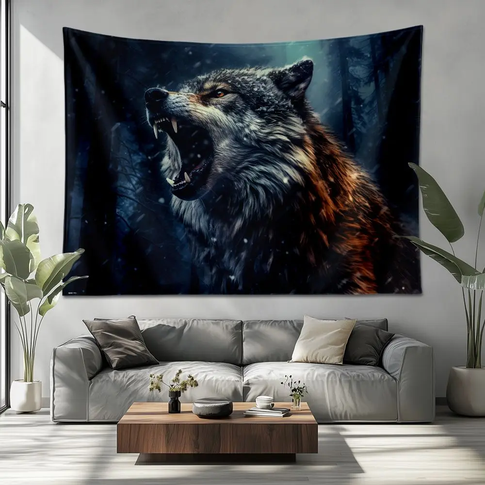 1pc Nordic Style Snowy Night Wolf Howl Tapestry, Wild Roar Under Forest Moonlight, Wall Hanging for Living Room Bedroom Decor, M