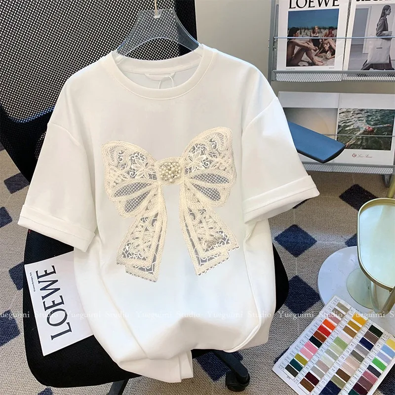 

Korean Popular Lace Bow Print T-Shirt Women's 2025 Summer Fashion Short Sleeve T-Shirt Casual Y2k Tops Elegant Girls Clothing