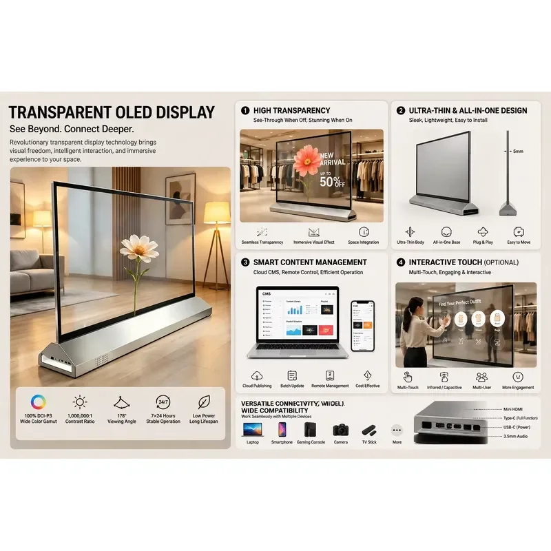 55 Inch Transparent OLED Desktop Screen Digital Signage for Advertising Display Board with Touch Screen Option