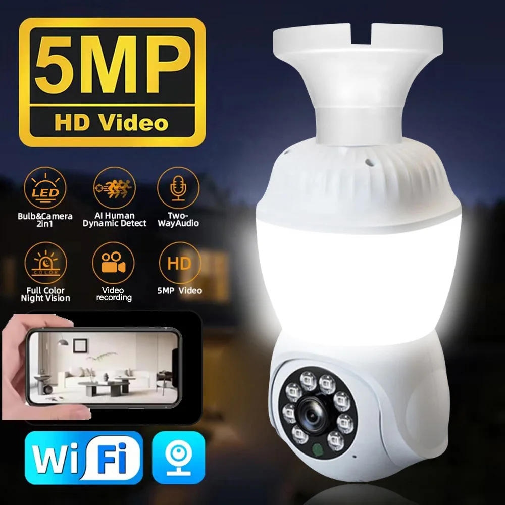 5MP E27 Bulb Camera Wifi Surveillance with LED Bulb HD PTZ 10X Zoom Smart Home Tracking Two-way Audio Night Vision Wireless Cam