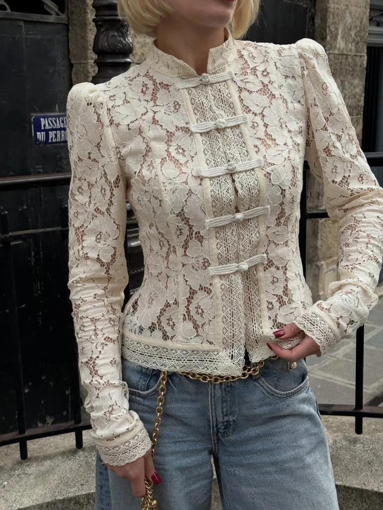 

New Lace Hook Flower Women's Shirt Fashion Commuting Long Sleeve Cardigan Top Retro Slim Stand Collar Lady Blouses