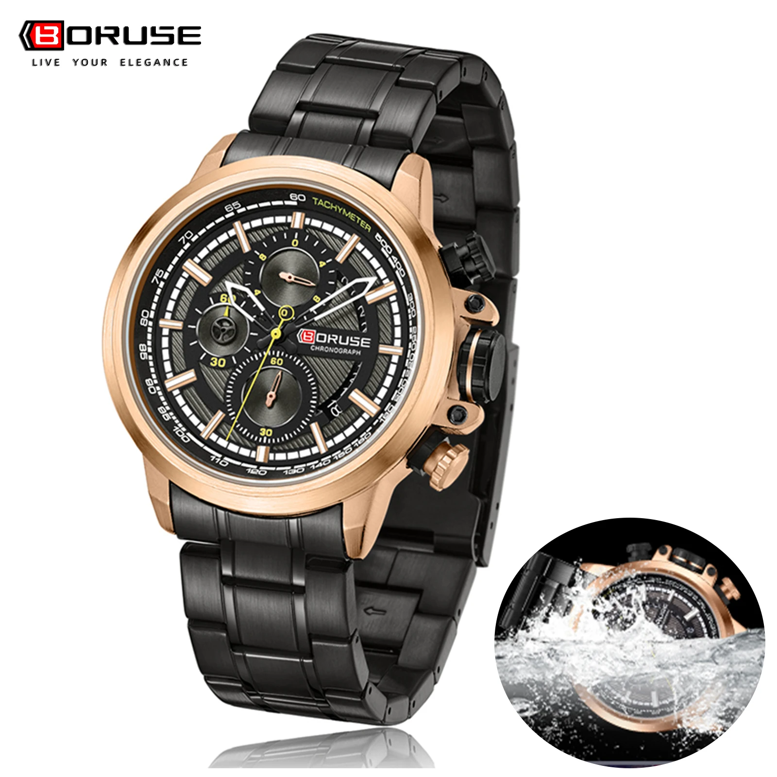 

BORUSE Fashion Luxury Men Quartz Wristwatches 30M Waterproof Calendar Date Watch Man Stainless Steel Sport Chronograph Watch