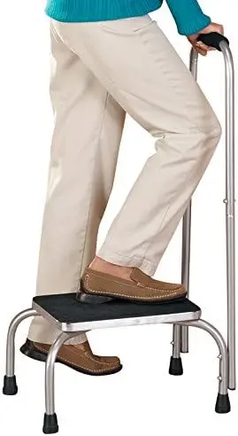 

Step Stool with Tall Handle, Steel, Rubberized Platform, 16” Long x 12” Wide x 34” High, Black & Chrome