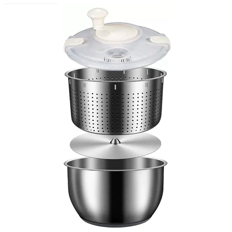 6L Salad Spinner Stainless Steel Large Vegetable Washer With PP Lid For Fruit Washer Pasta & Fries Spinner Salad Dryer