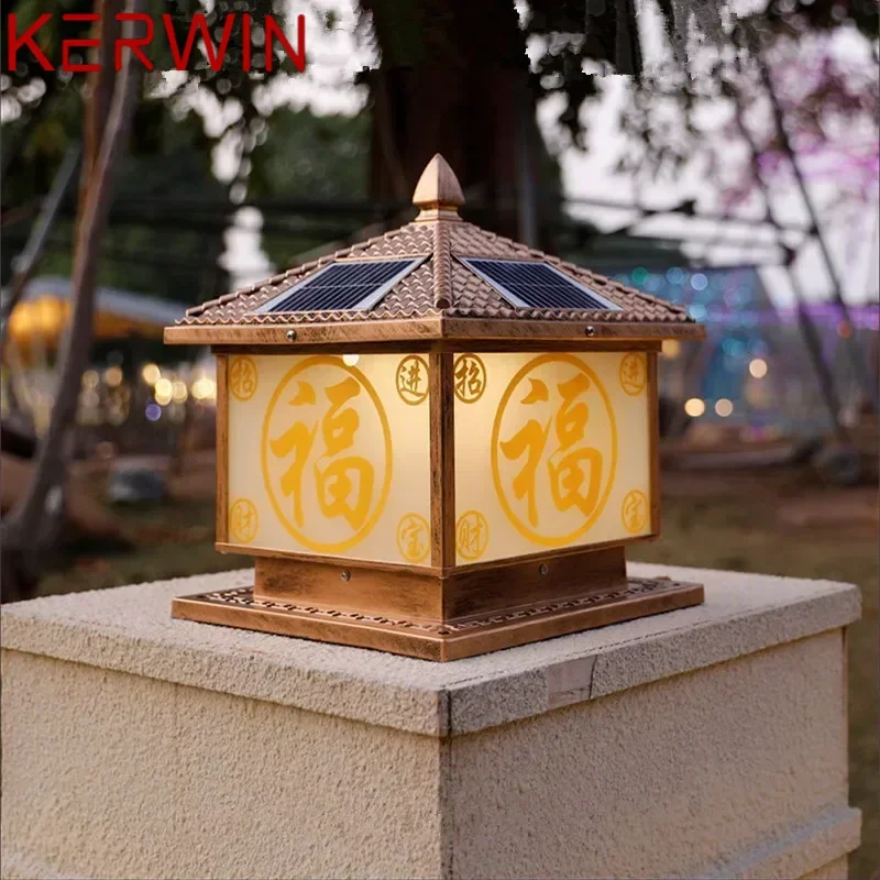 KERWIN Solar Post Lamp LED Outdoor Creative Bronze Pillar Lights Waterproof IP65 for Home Villa Porch Courtyard Decor