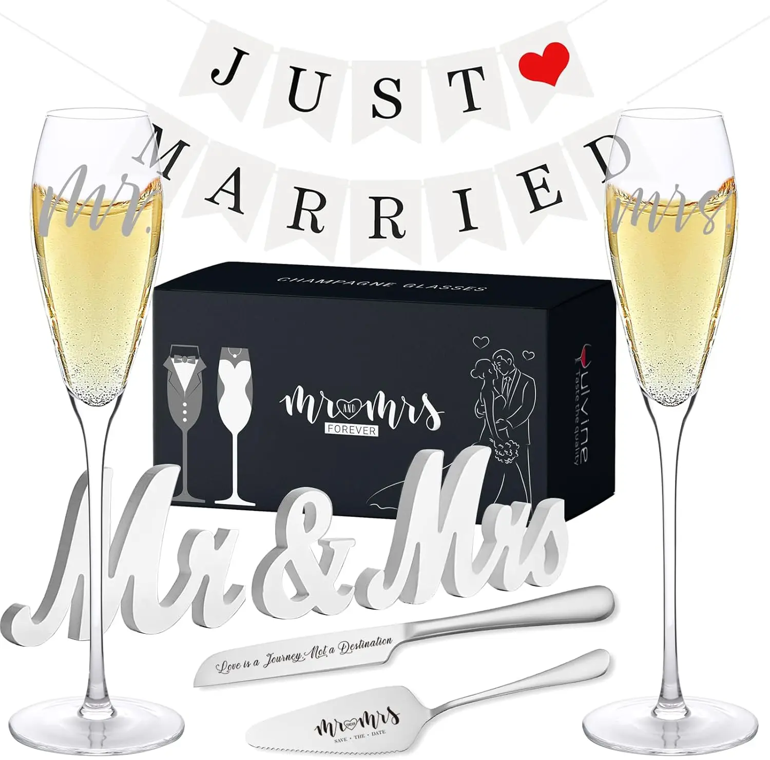 

Engraved Mr & Mrs Champagne Flutes, Wedding Toasting Glasses, Cake Knife Set, Just Married Banner