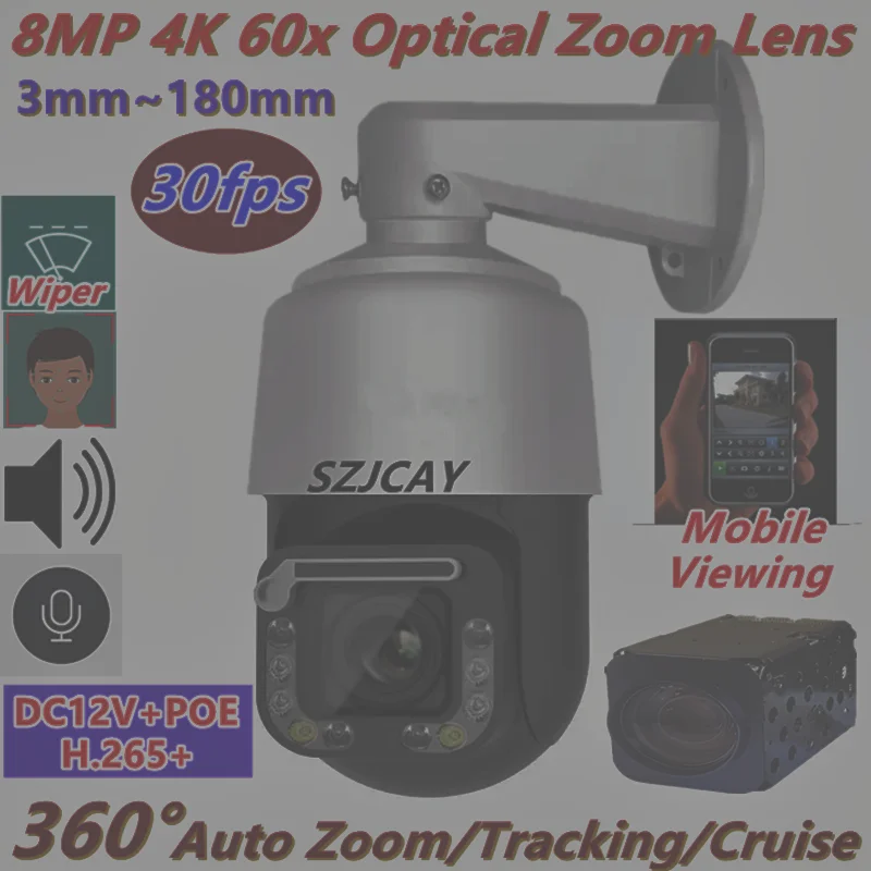 With wipers SONY415 8MP 4K 30fps 60X Optical Zoom POE PTZ IP Camera Hikvision protoc 2MP 1080P 60fps RTSP RTMP PTZ ip cam Da-hua