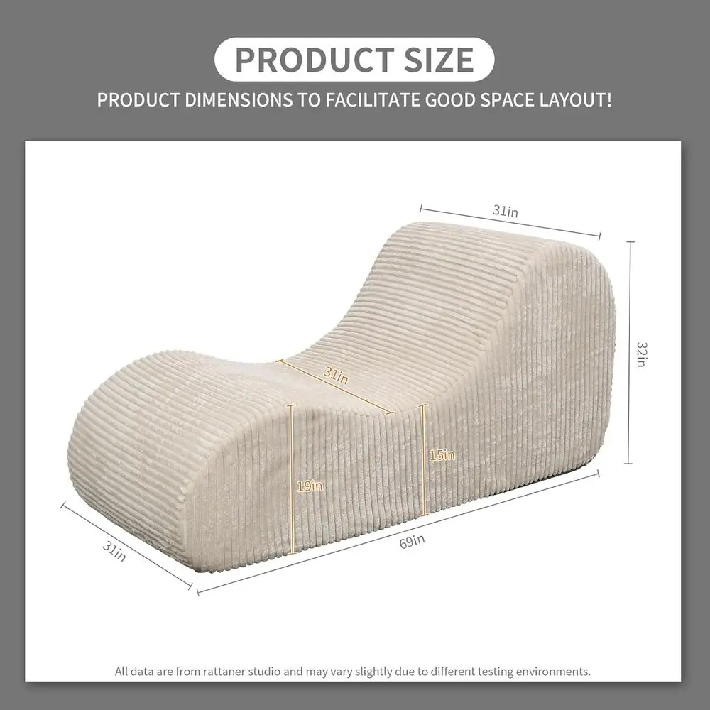Corduroy Chaise Lounge Chair Couch Indoor BonelOversized High-Density Sponge Sot Soa or Yoga, Khaki