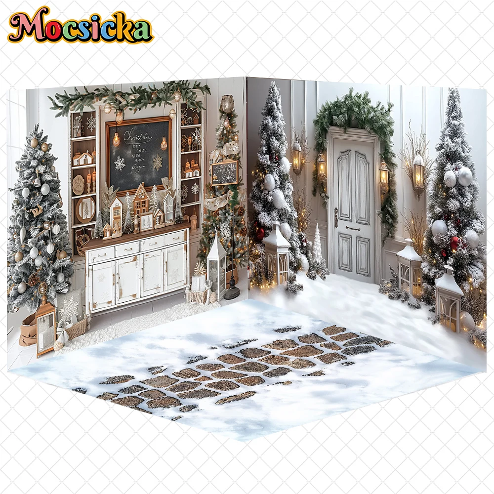 

Mocsicka Christmas Background Winter Snow Tree Fireplace Window Decorations Family Holidays New Year Party Photo Backdrop Banner