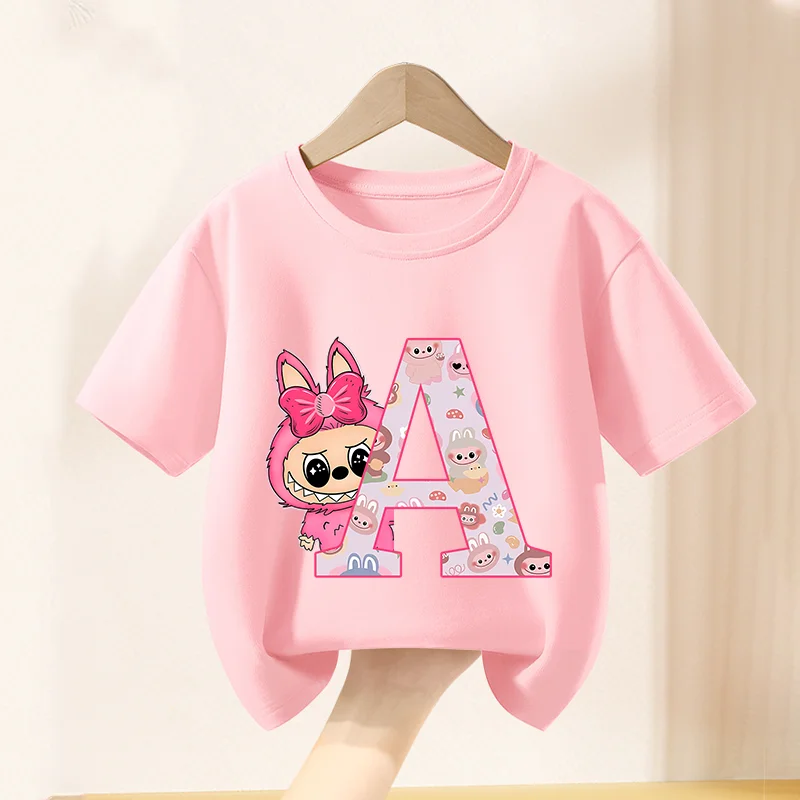 

Labubu Cotton T-Shirt Summer Leisure Girls Shirts Cartoon Anime Letters Printed Toddler Tees Tops Kids Pink Fashion Clothes Gift