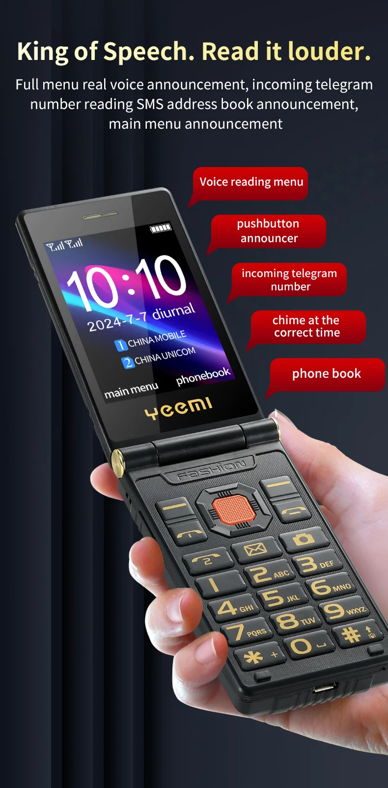 YEEMI M7+ Flip Mobile Phone LTE 4G Double Screen 2300 mAh MP3 MP4 Dual SIM Large Button SOS Quick Dialing Loud Sound CellPhone