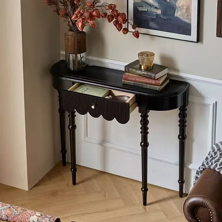 French retro solid wood porch cabinet facing the door, small apartment partition cabinet, black living room