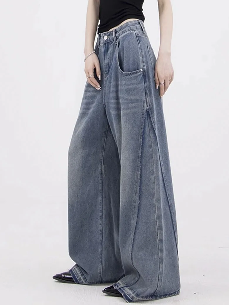 WCFCX STUDIO Vintage Baggy Jeans For Women's Straight Loose High Waist Trousers Streetwear Casual Fashion Denim Wide Leg Pants