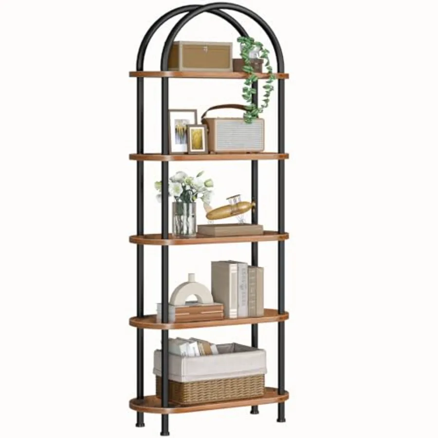 

5 Tier Open Bookshelf Industrial Arched Bookcase Display Shelf Rack Wooden Bookcase Storage Shelf Metal Frame Tall Storage Orga